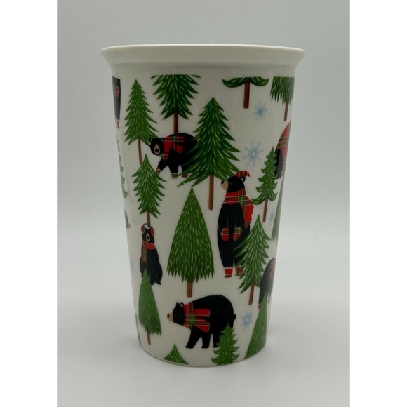 DEI Christmas Bear Mug Plaid Scarf Black Bears & Pine Trees Holiday Coffee Cup - Picture 4 of 8